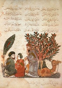 La caravana se detiene: Al-Harith (al-Hariri) escucha la conversación entre un hombre y su hijo, de Al Maqamat por Al Hariri, c.1240